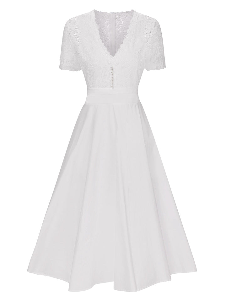 She slips into this White 1940s V-Neck Lace Patchwork Dress and suddenly it&