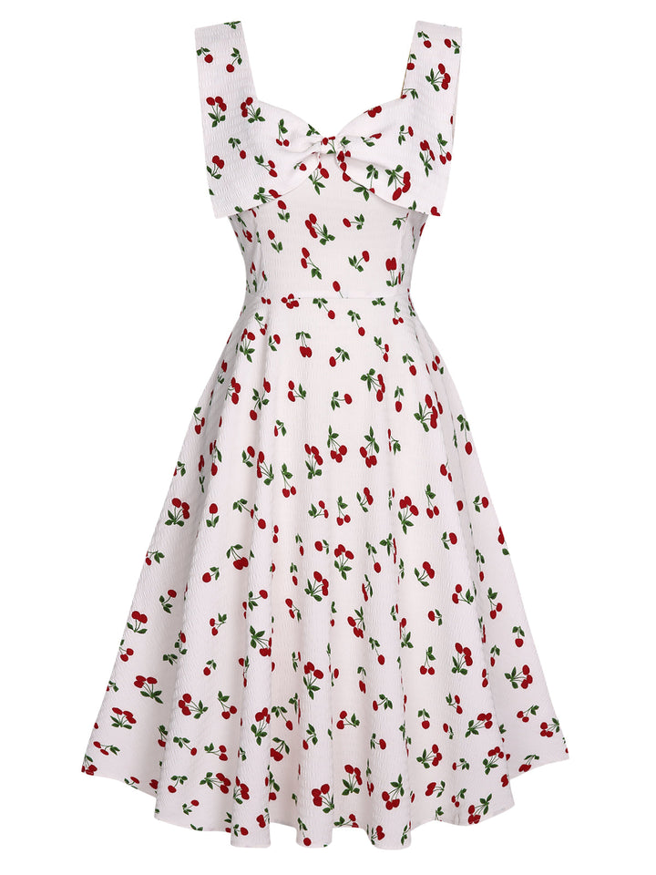 White 1950s Cherry Bow Sweetheart Neck Dress, vintage dress, retro fashion, rockabilly, pin-up fashion - perfect for women who love vintage and retro fashion