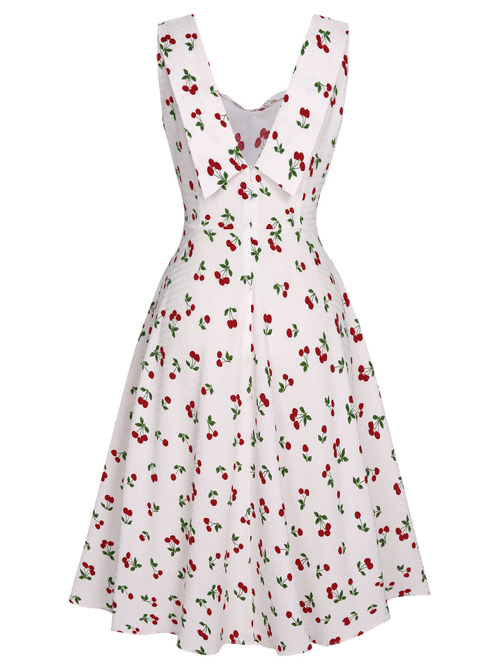 White 1950s Cherry Bow Sweetheart Neck Dress, vintage dress, retro fashion, rockabilly, pin-up fashion - perfect for women who love vintage and retro fashion