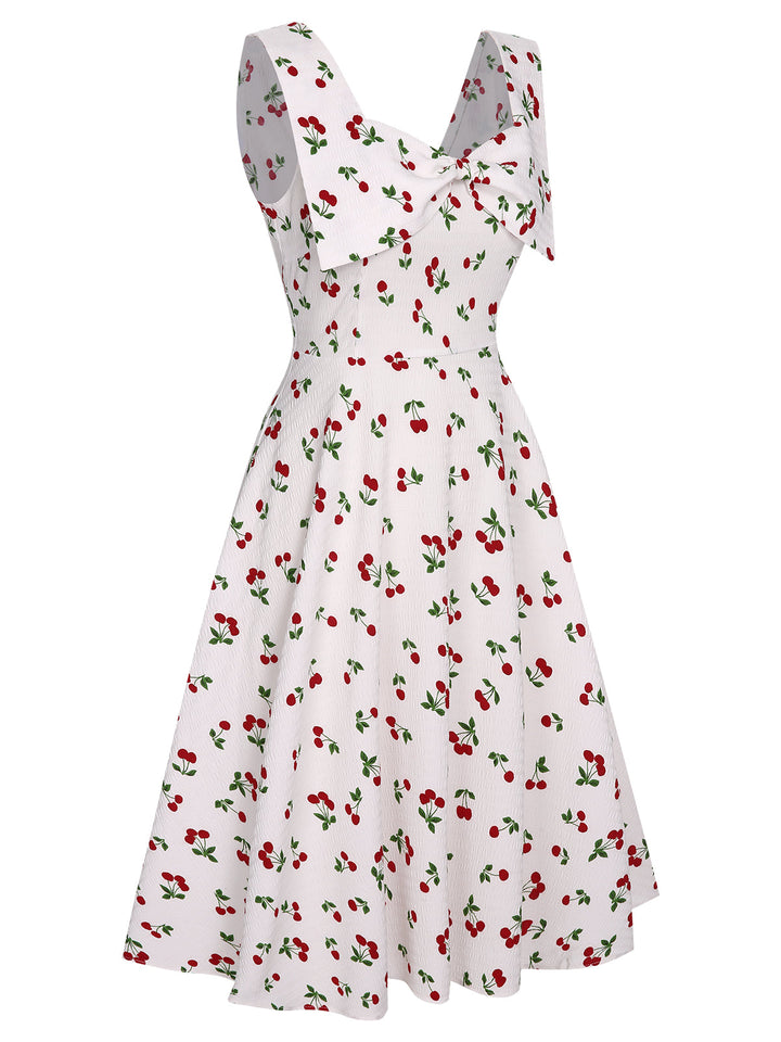 White 1950s Cherry Bow Sweetheart Neck Dress, vintage dress, retro fashion, rockabilly, pin-up fashion - perfect for women who love vintage and retro fashion