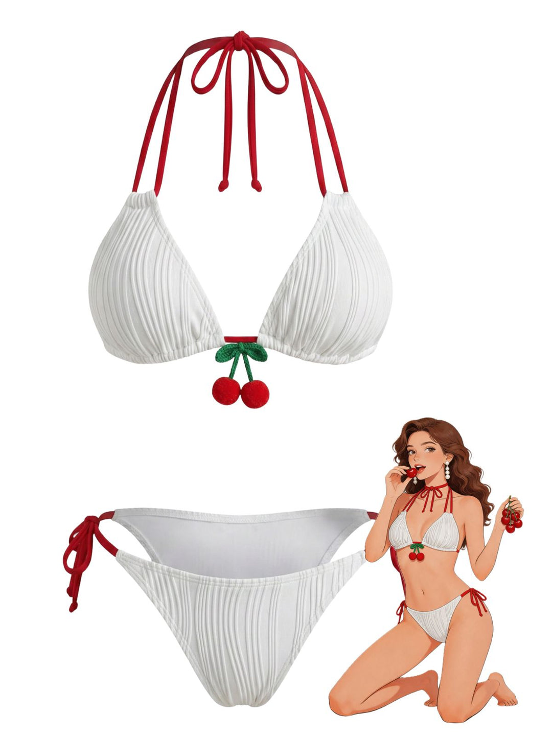 White Cherry Halter Tie-Side Ribbed Bikini Set - vintage swimsuit, swimwear for vintage lovers