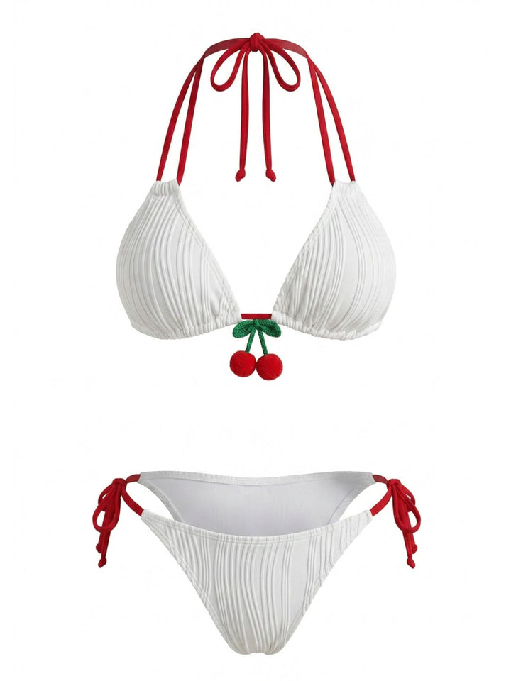 White Cherry Halter Tie-Side Ribbed Bikini Set - vintage swimsuit, swimwear for vintage lovers