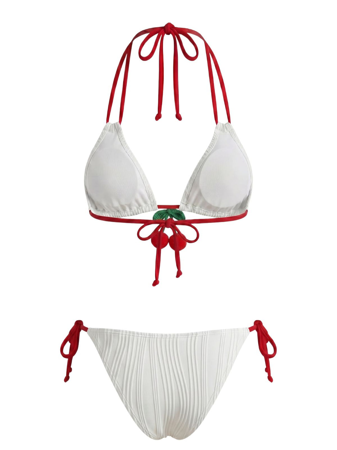 White Cherry Halter Tie-Side Ribbed Bikini Set - vintage swimsuit, swimwear for vintage lovers
