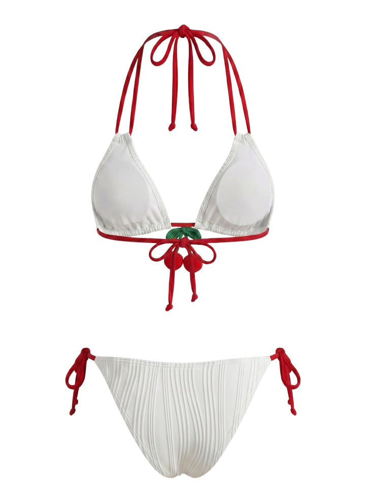 White Cherry Halter Tie-Side Ribbed Bikini Set - vintage swimsuit, swimwear for vintage lovers