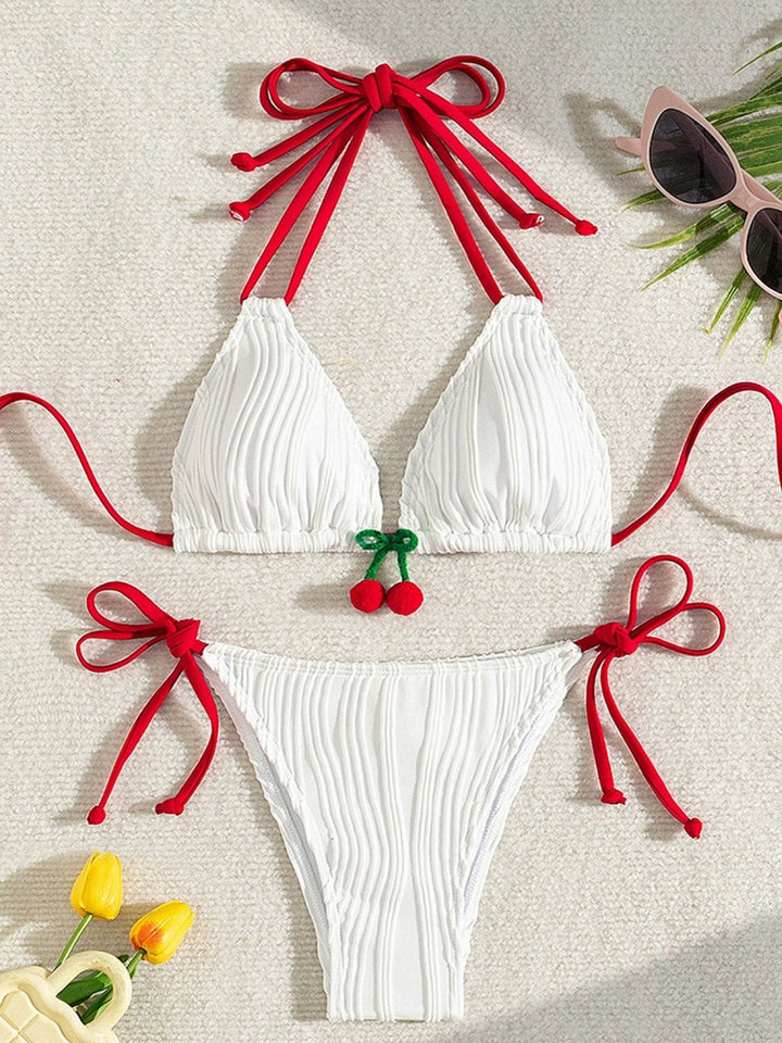 White Cherry Halter Tie-Side Ribbed Bikini Set - vintage swimsuit, swimwear for vintage lovers
