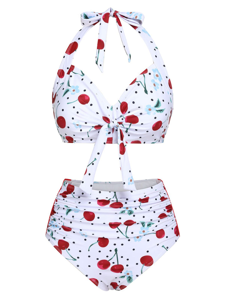 White 1950s Cherry Lace-Up Halter Swimsuit — vintage elegance for the modern woman