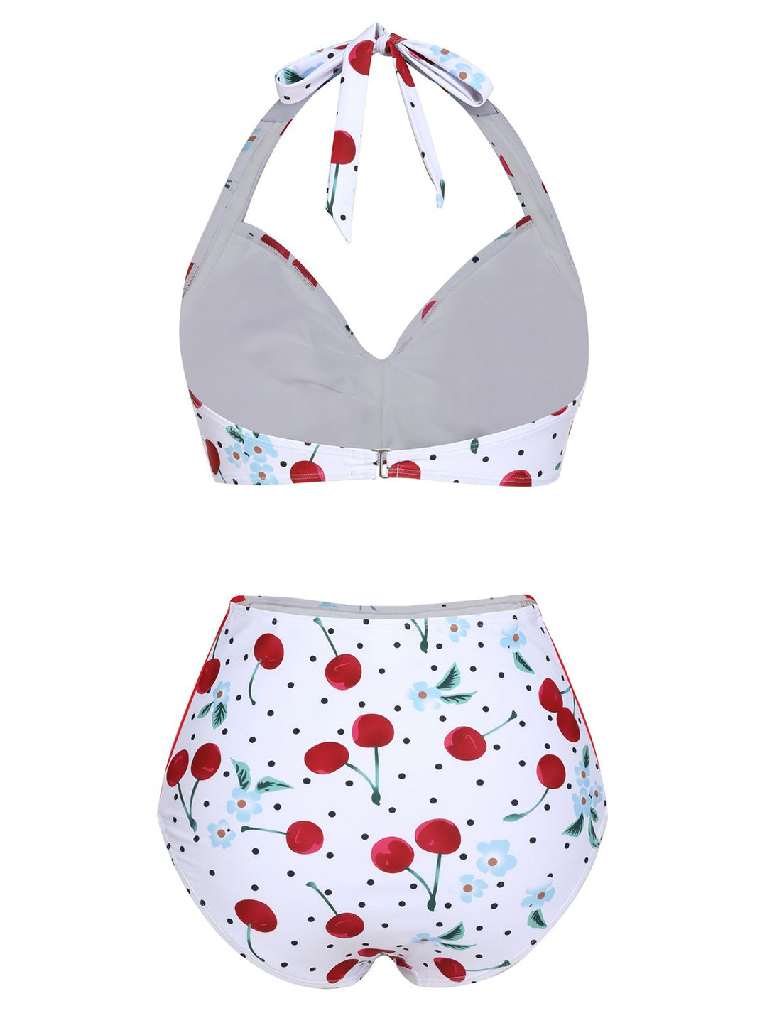 White 1950s Cherry Lace-Up Halter Swimsuit — vintage elegance for the modern woman