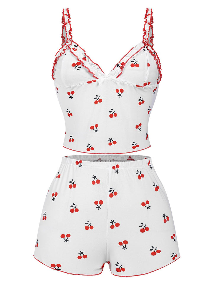 White Cherry Navel Straps Pajamas, vintage pajamas, retro nightwear - perfect for women who love vintage and retro fashion