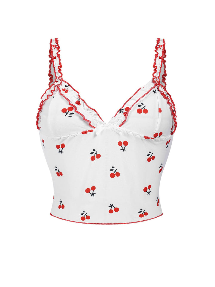 White Cherry Navel Straps Pajamas, vintage pajamas, retro nightwear - perfect for women who love vintage and retro fashion
