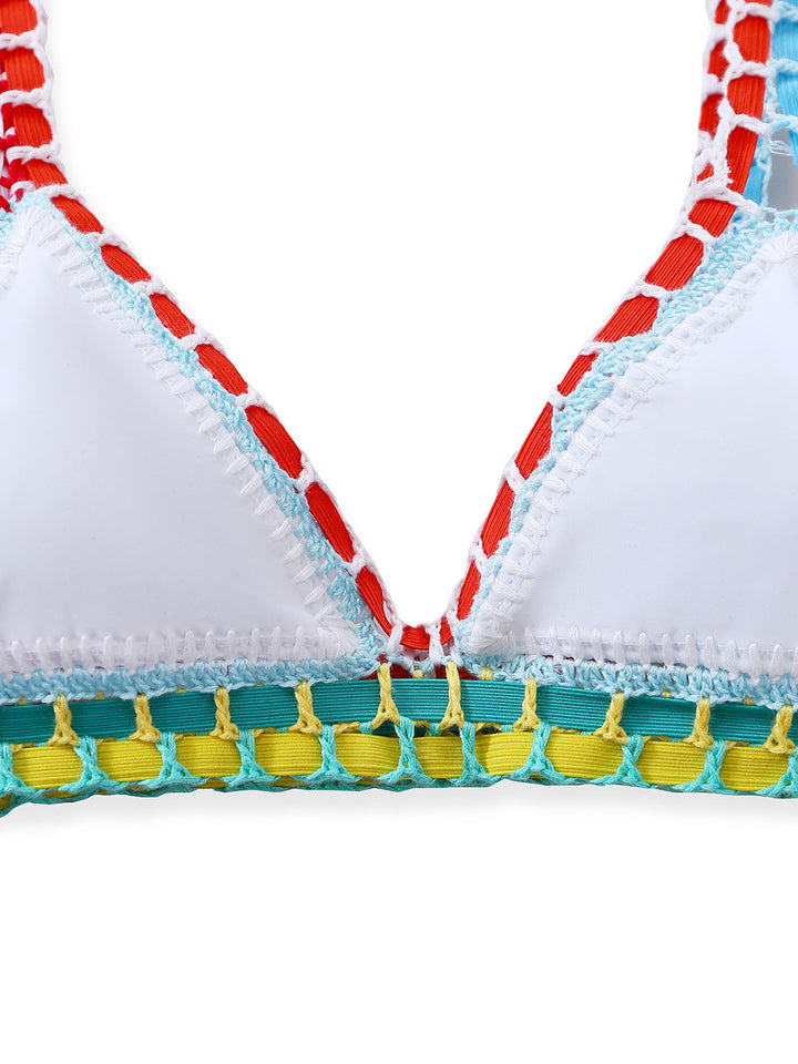 White 1950s Colorful Knit Halter Bikini Set: beautiful vintage swimwear, retro swimsuit, pin-up style with timeless appeal