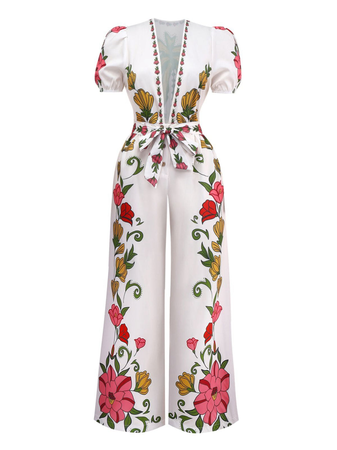 White 1950s Deep V-Neck Floral Belted Jumpsuit - vintage jumpsuit, retro fashion, pure white