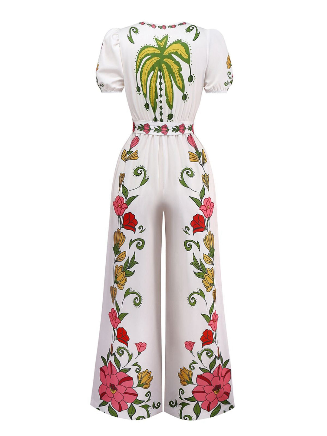 White 1950s Deep V-Neck Floral Belted Jumpsuit - vintage jumpsuit, retro fashion, pure white
