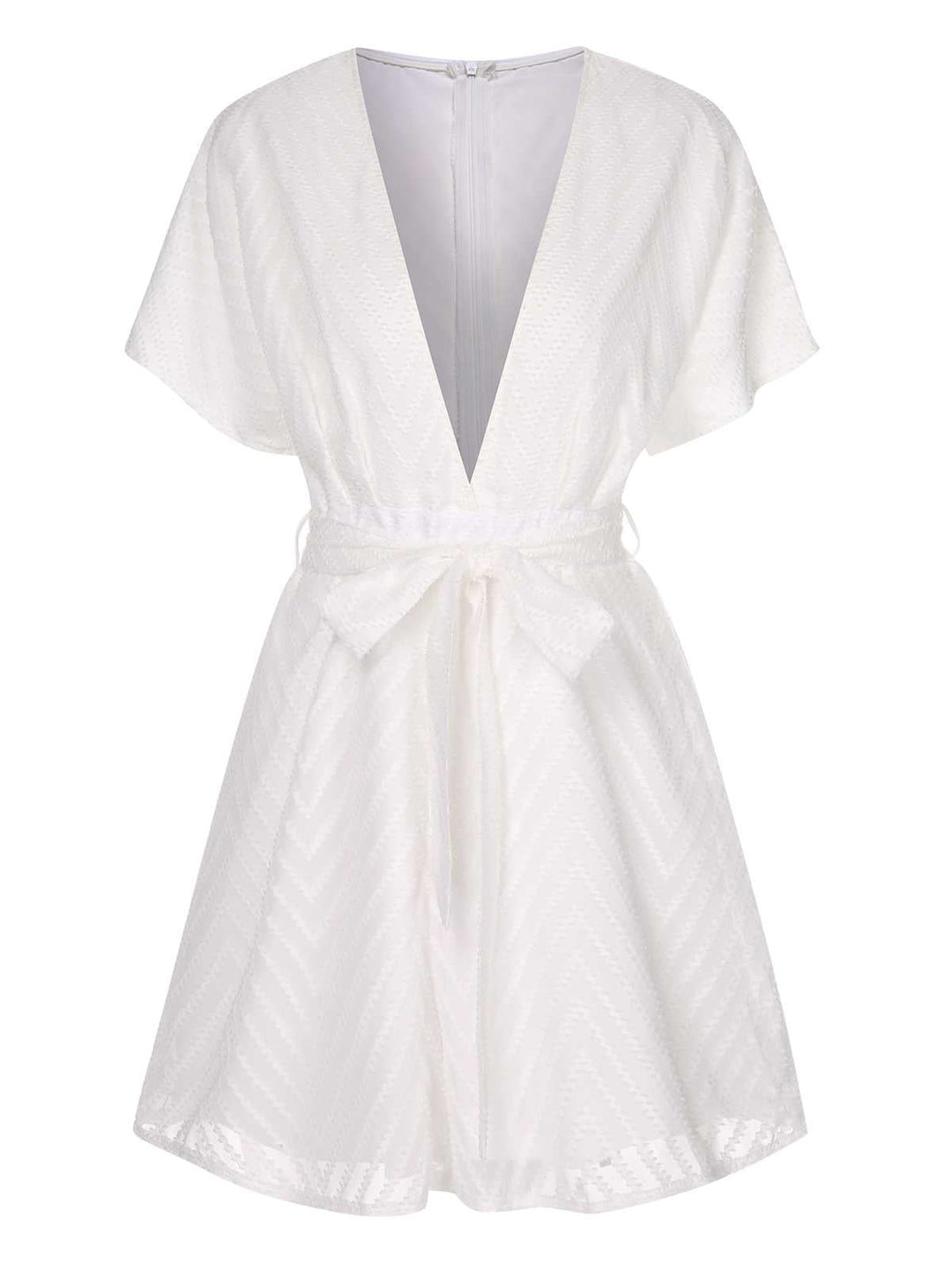 She adds this White 1950s Deep V-Neck Textured Belted Romper and suddenly it&