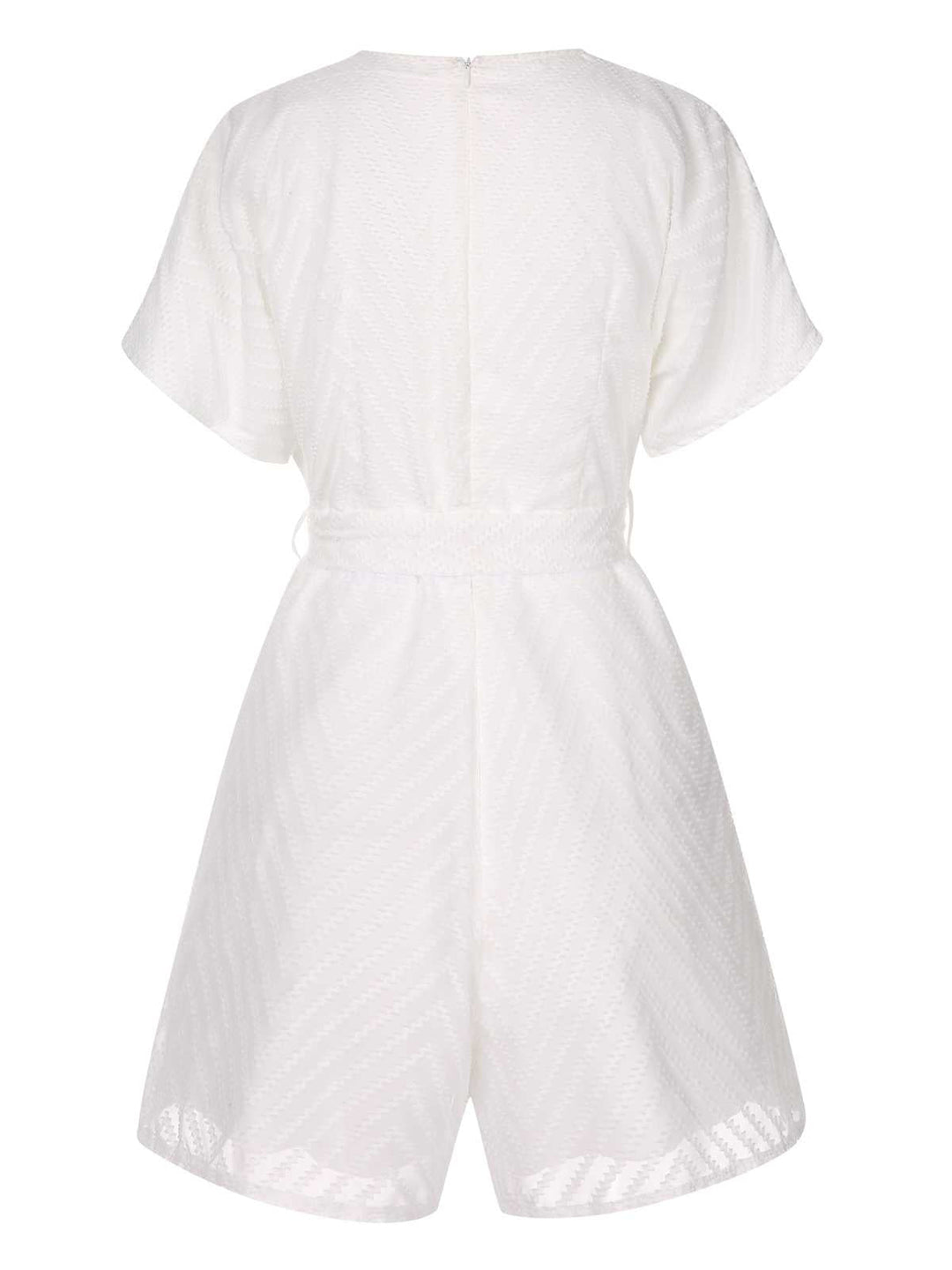 White 1950s Deep V-Neck Textured Belted Romper: 1950s detail work for the woman who notices
