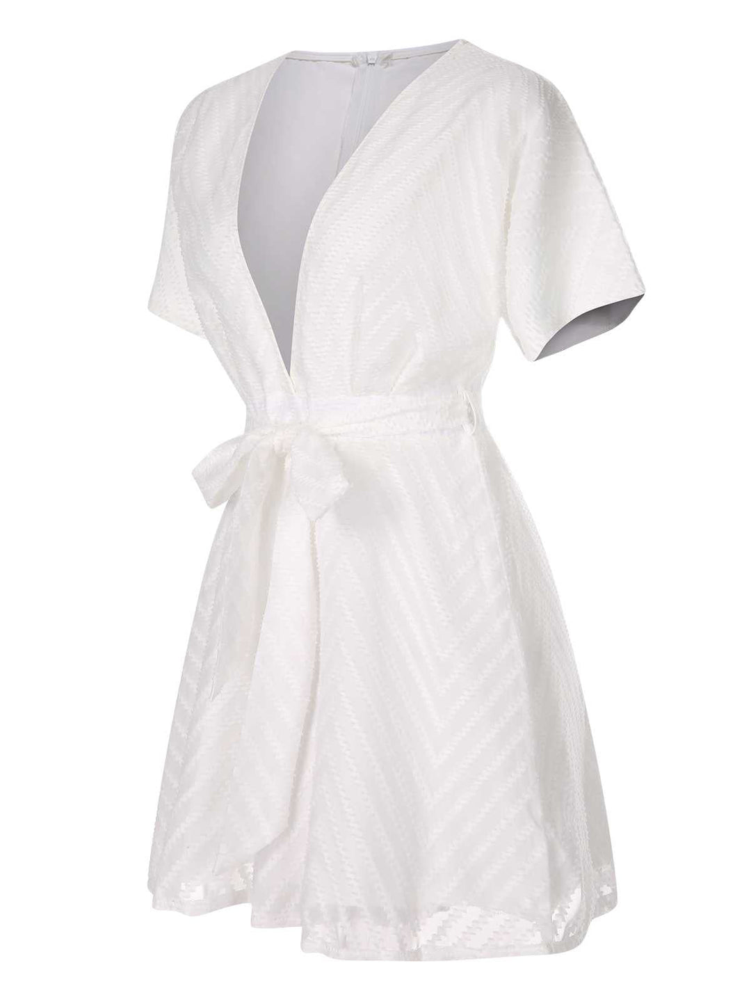 This White 1950s Deep V-Neck Textured Belted Romper carries 1950s stories waiting to be told
