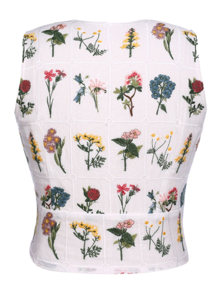 White 1950s Floral Embroidery Crop Top - vintage fashion, retro style, pure white