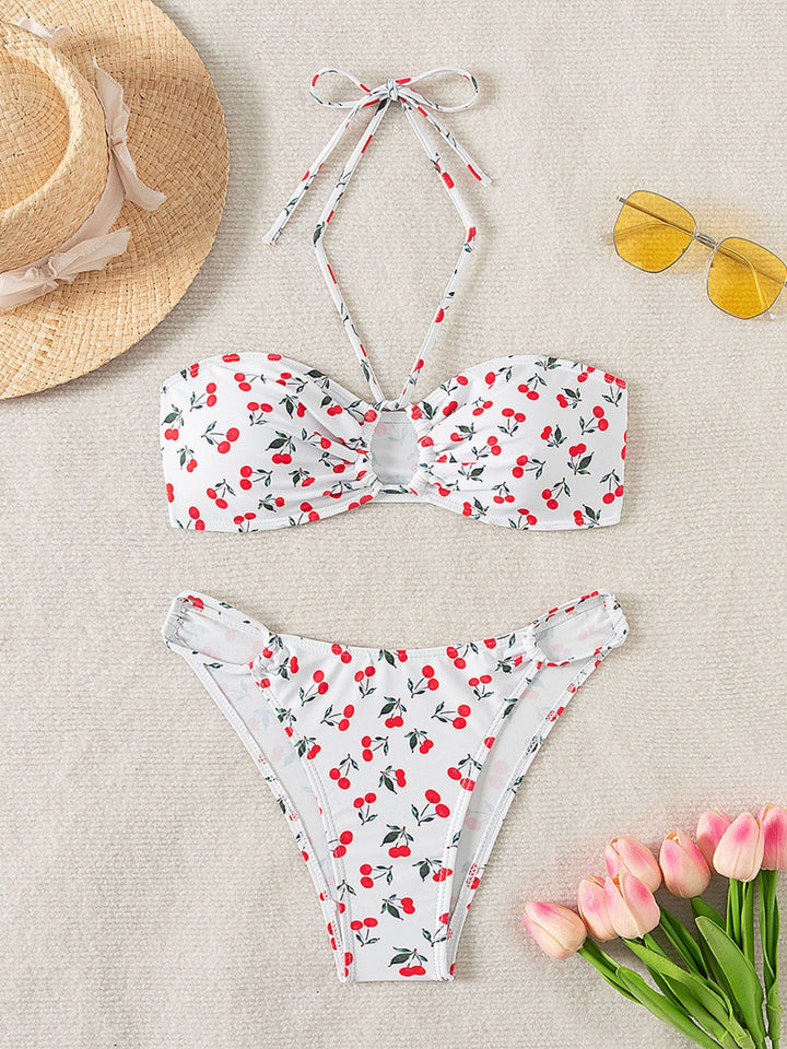 White 1950s Halter Cherry Bikini Set - vintage fashion, retro style, pure white