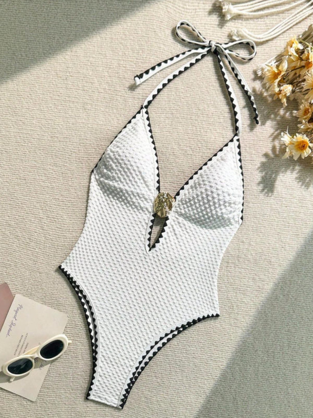 White--Halter-Metallic-Decor-Textured-One-Piece-Swimsuit, vintage, retro, swimwear