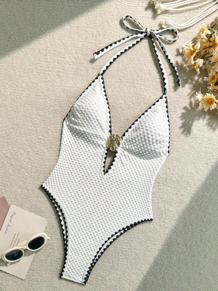 White--Halter-Metallic-Decor-Textured-One-Piece-Swimsuit, vintage, retro, swimwear
