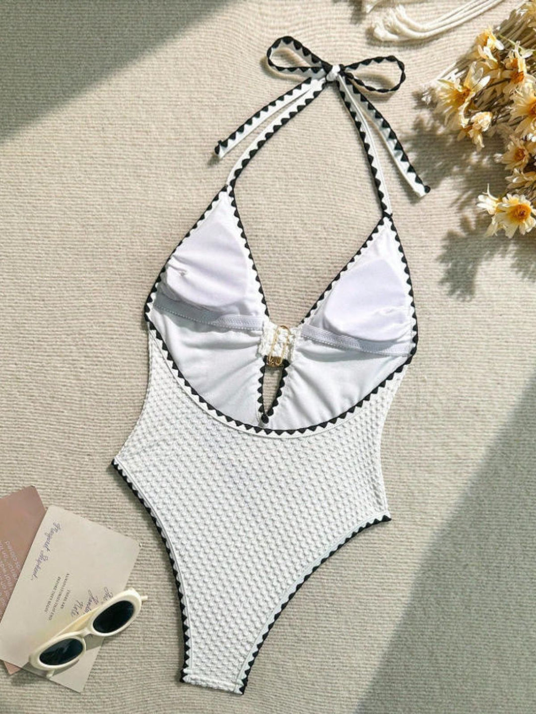 White--Halter-Metallic-Decor-Textured-One-Piece-Swimsuit, vintage, retro, swimwear