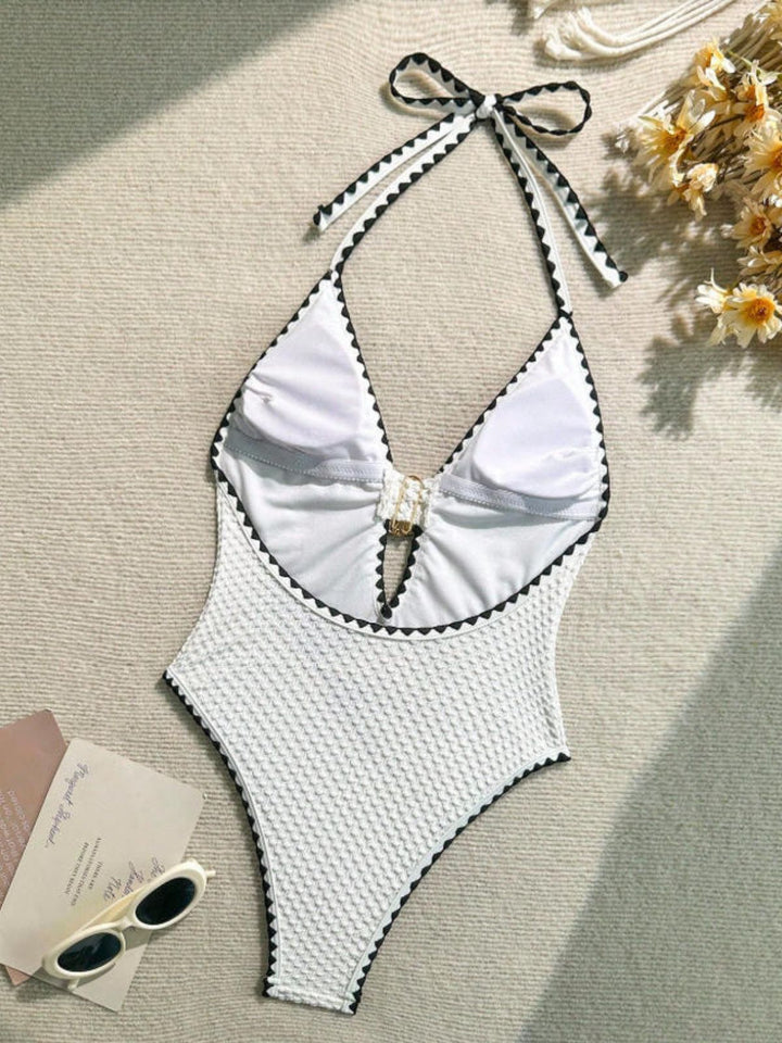 White--Halter-Metallic-Decor-Textured-One-Piece-Swimsuit, vintage, retro, swimwear