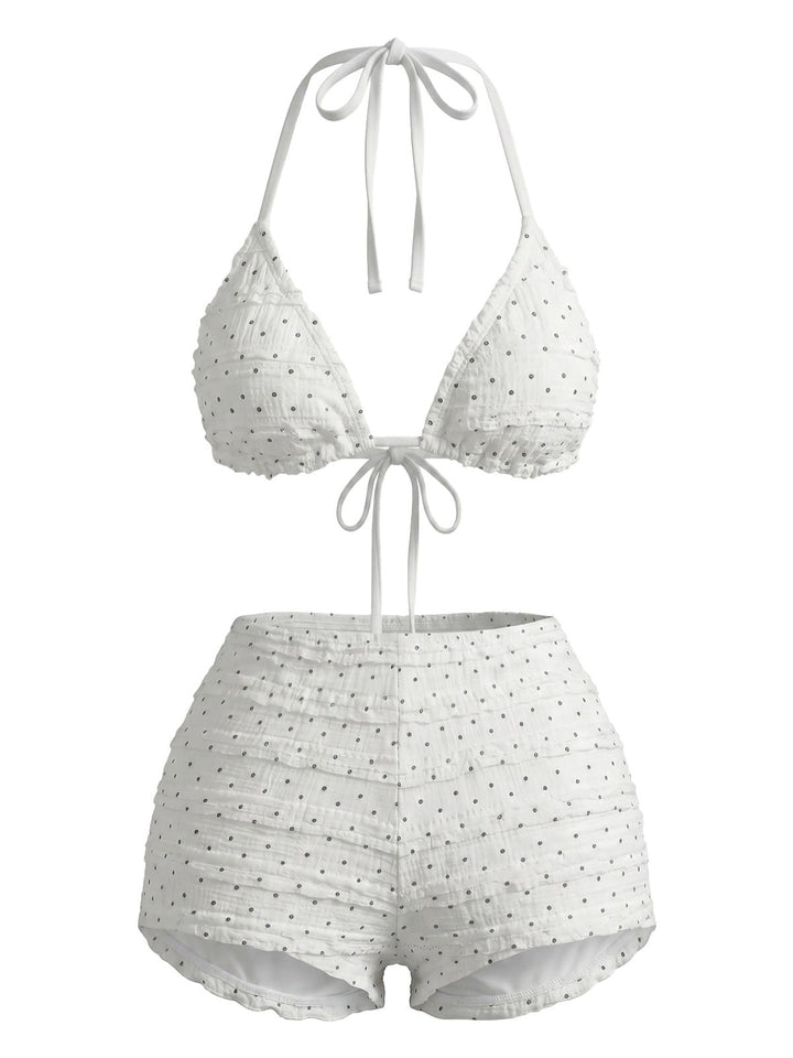 White Halter Polka Dot Ruched Bikini Set, vintage swimsuit, swimwear - perfect for women who love vintage and retro fashion