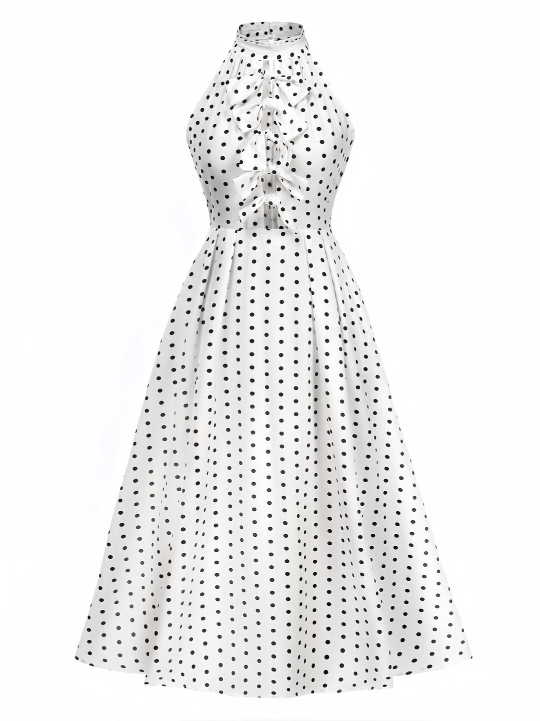 She slips into this White 1950s Halter Polka Dots Bow Dress and suddenly it&