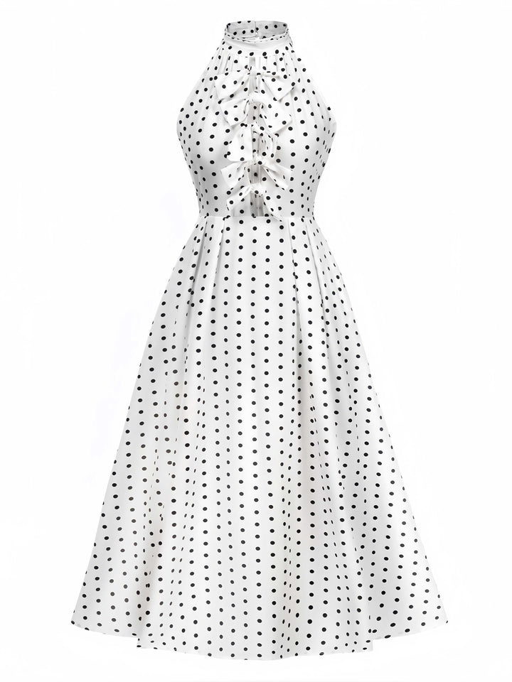 She slips into this White 1950s Halter Polka Dots Bow Dress and suddenly it&