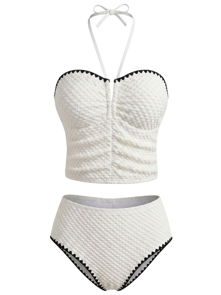 White Halter Strapless Textured Tankini Set, vintage fashion, retro style - perfect for women who love vintage and retro fashion