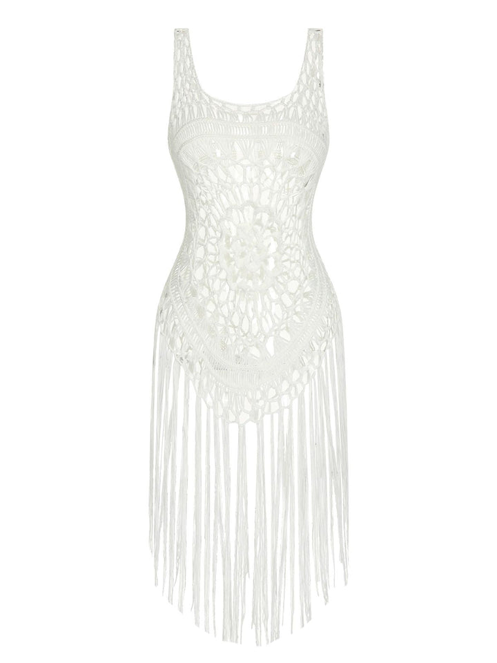 White 1950s Knitted Tassel Hollow Cover-Up, vintage fashion, retro style - perfect for women who love vintage and retro fashion