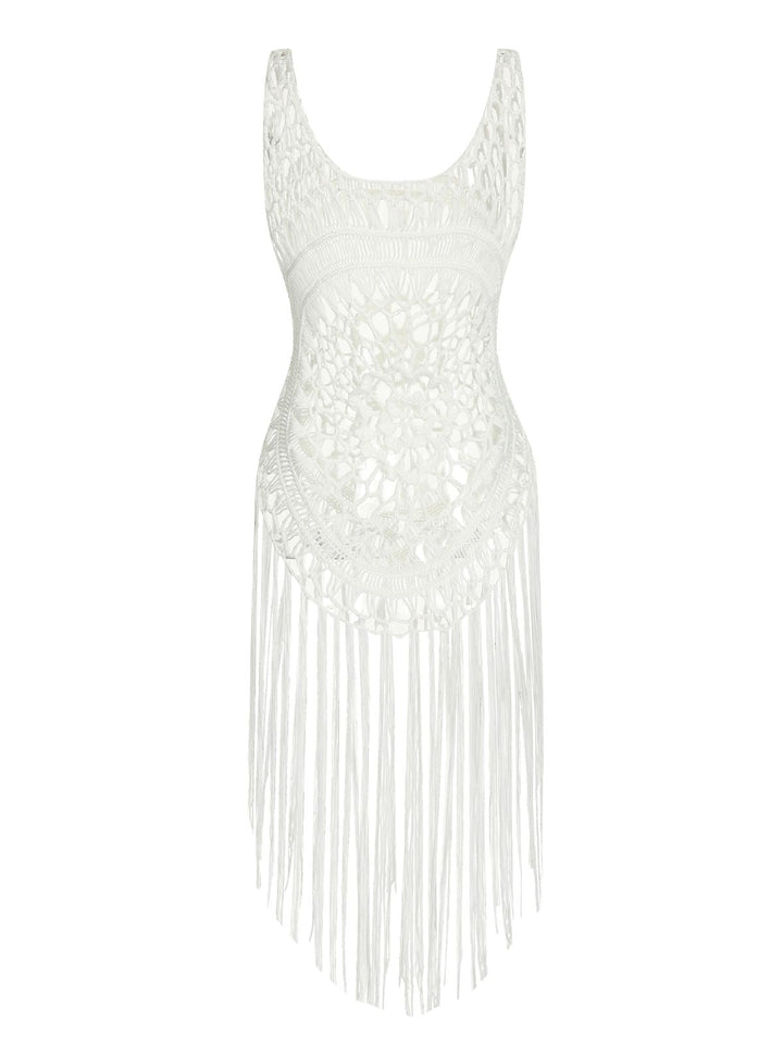White 1950s Knitted Tassel Hollow Cover-Up, vintage fashion, retro style - perfect for women who love vintage and retro fashion
