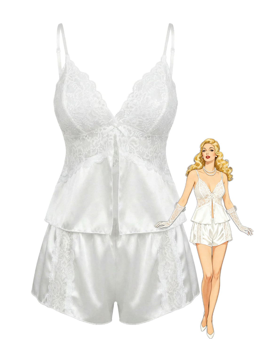 White Lace Satin Camisole Pajama Set - vintage fashion, retro style, pure white