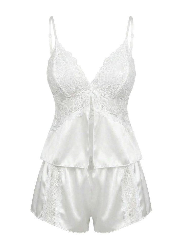 White Lace Satin Camisole Pajama Set - vintage fashion, retro style, pure white