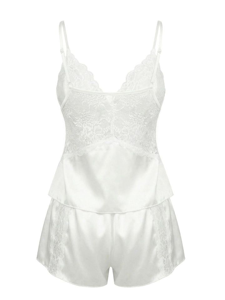 White Lace Satin Camisole Pajama Set - vintage fashion, retro style, pure white