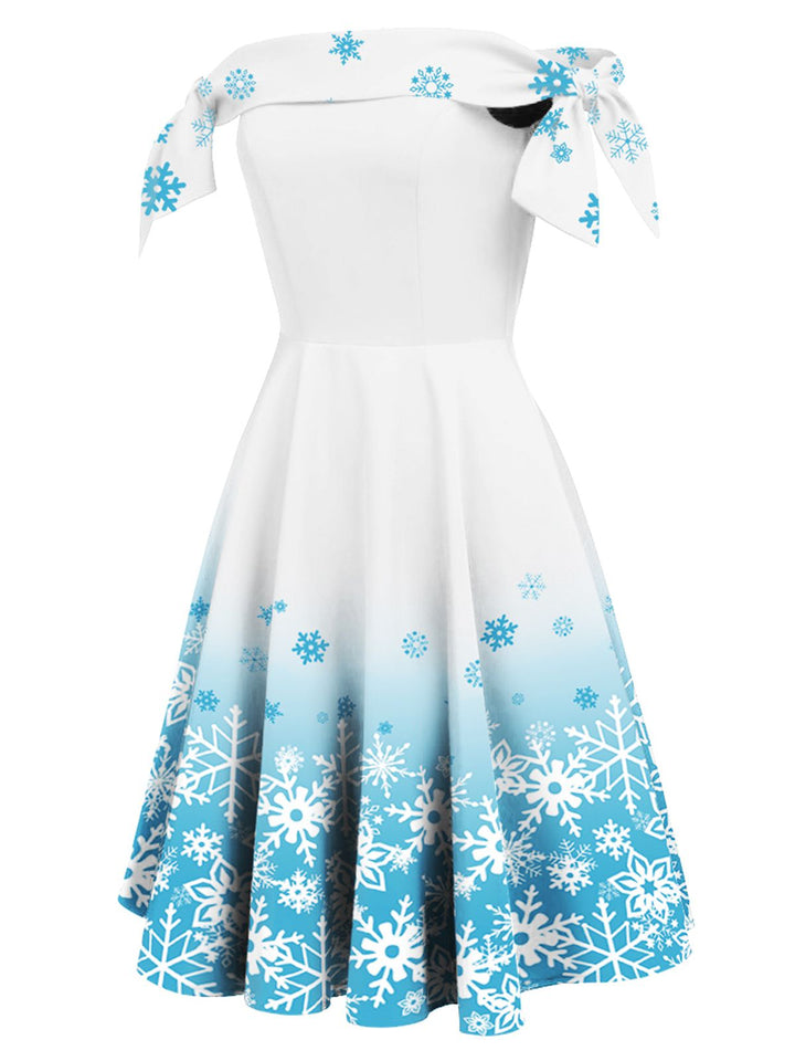 White 1950s Off Shoulder Snowflake Dress — vintage elegance for the modern woman