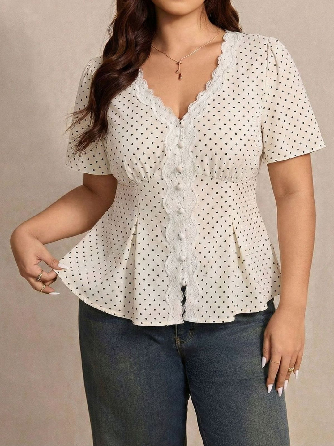 Plus Size White 1950s Polka Dot Floral Lace Blouse
