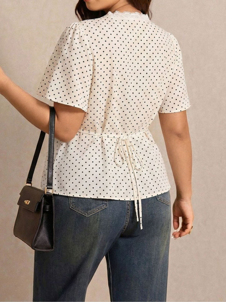 Plus Size White 1950s Polka Dot Floral Lace Blouse 2