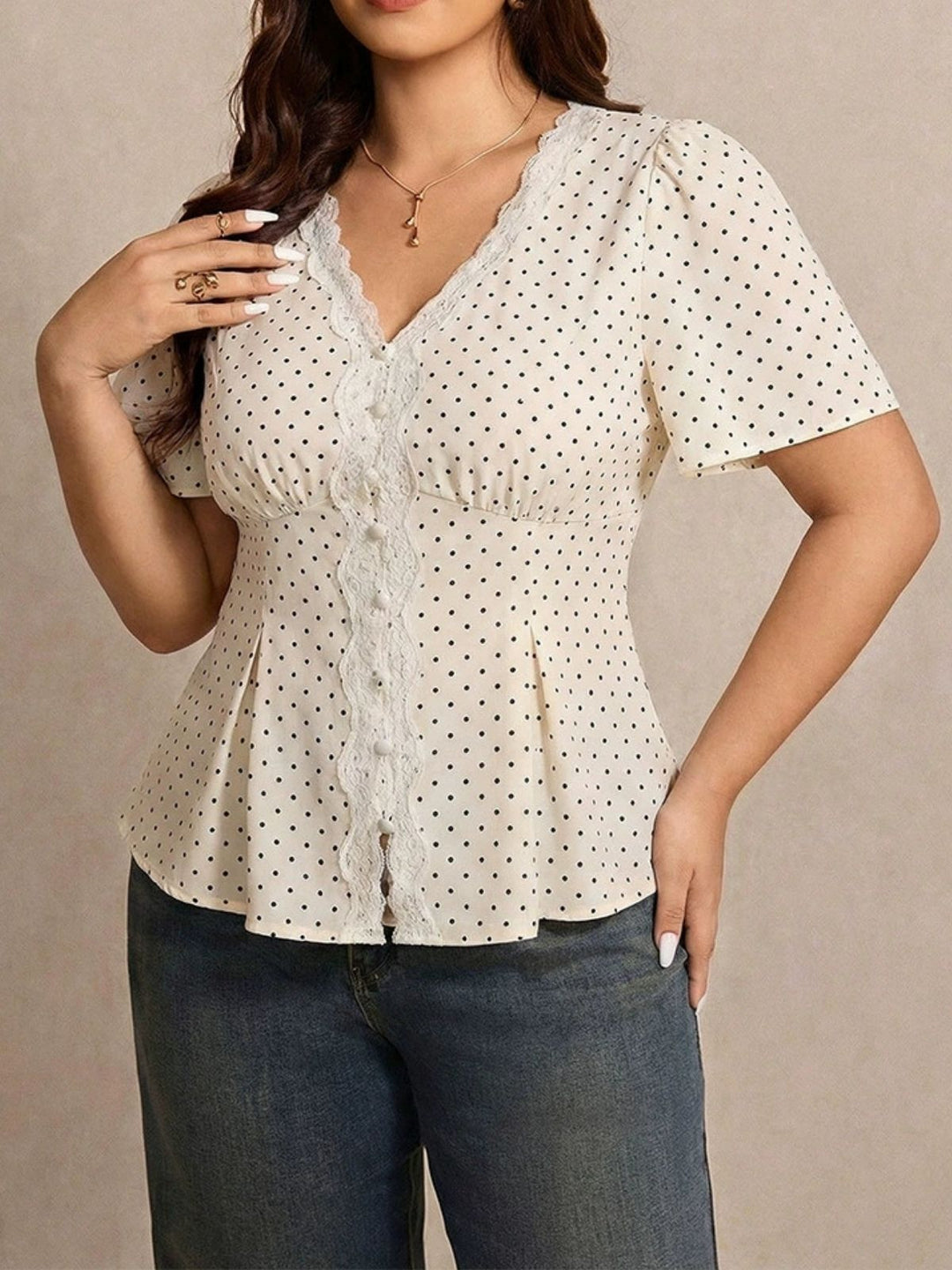 Plus Size White 1950s Polka Dot Floral Lace Blouse 4