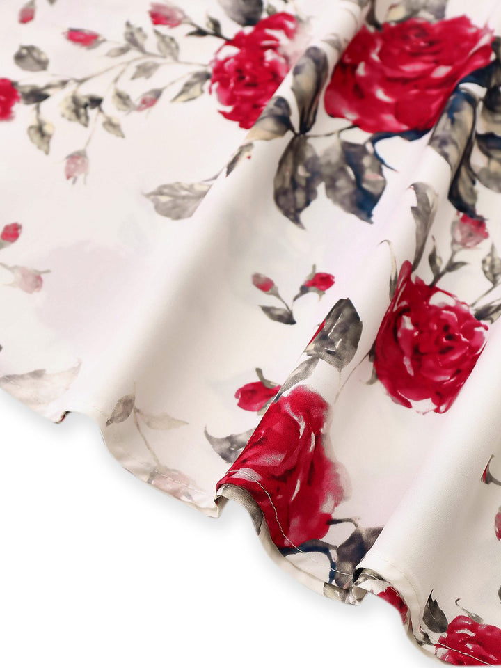 This White 1950s Rose Print Lace-Up A-Line Dress wraps her in 1950s elegance, one twirl at a time