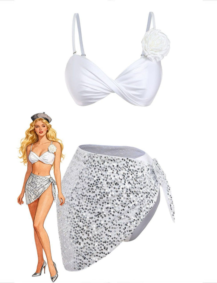 White--Rose-Satin-Finish-Bikini-Set-Cover-Up, vintage, retro, swimwear