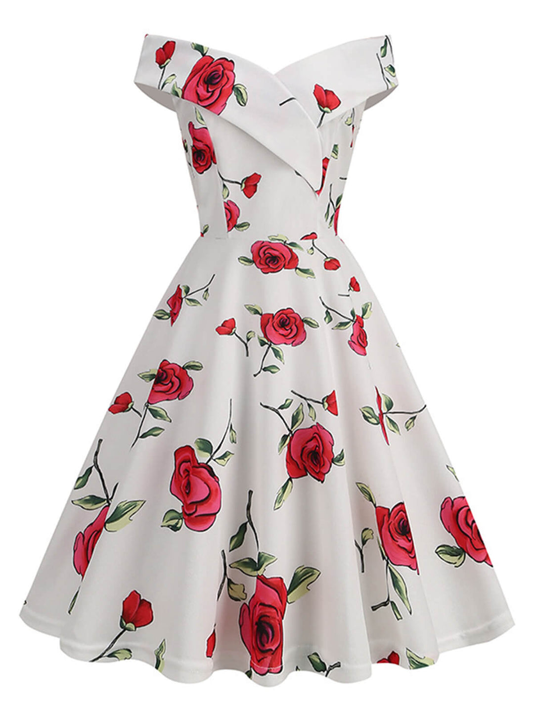 She slips into this White 1950s Roses Off-Shoulder Dress and suddenly it&