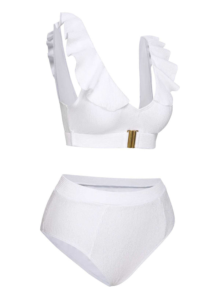 White 1950s Ruffles Solid Swimsuit: 1950s Riviera elegance, reimagined for her