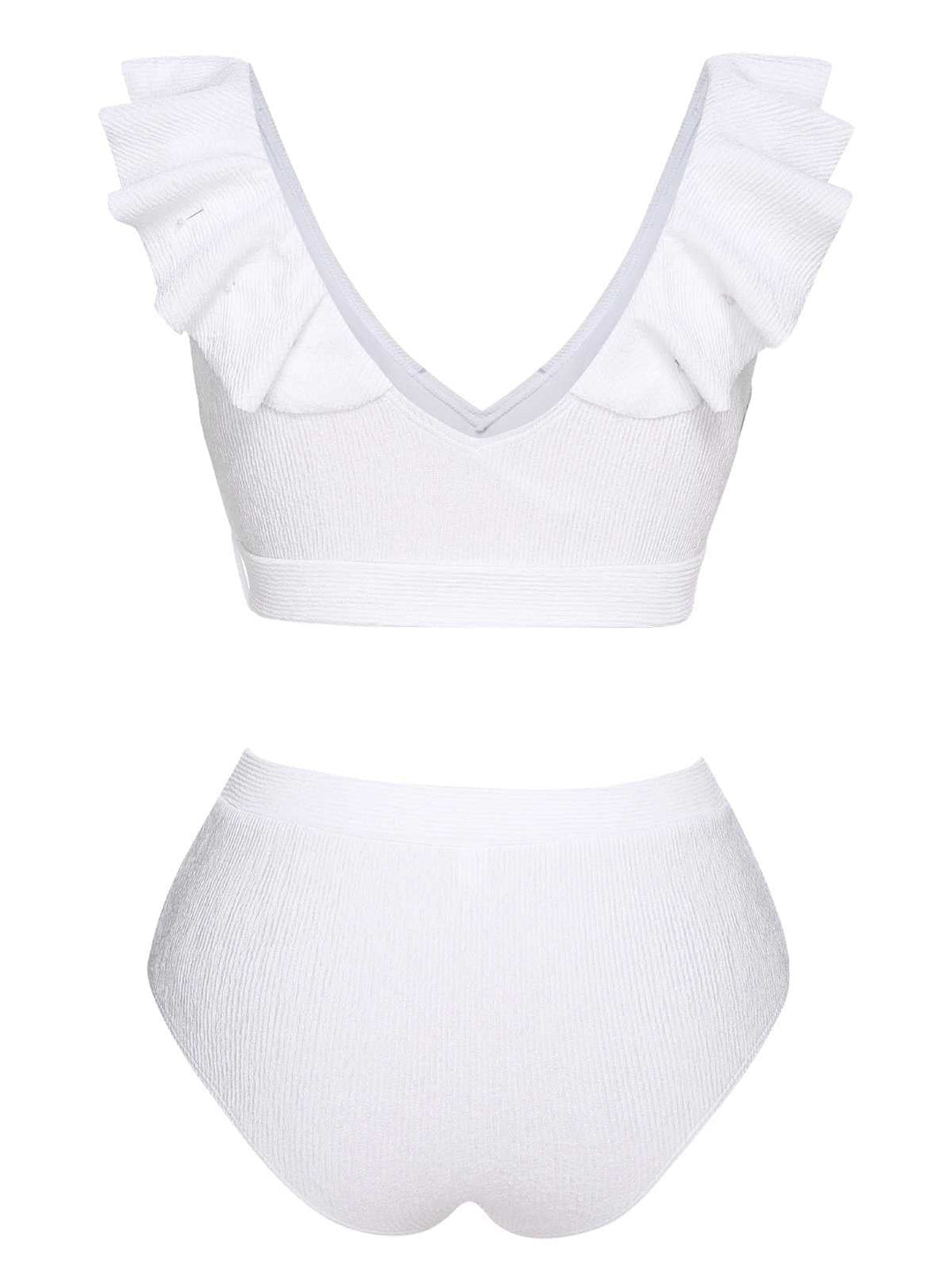 This White 1950s Ruffles Solid Swimsuit carries 1950s vacation dreams in every stitch