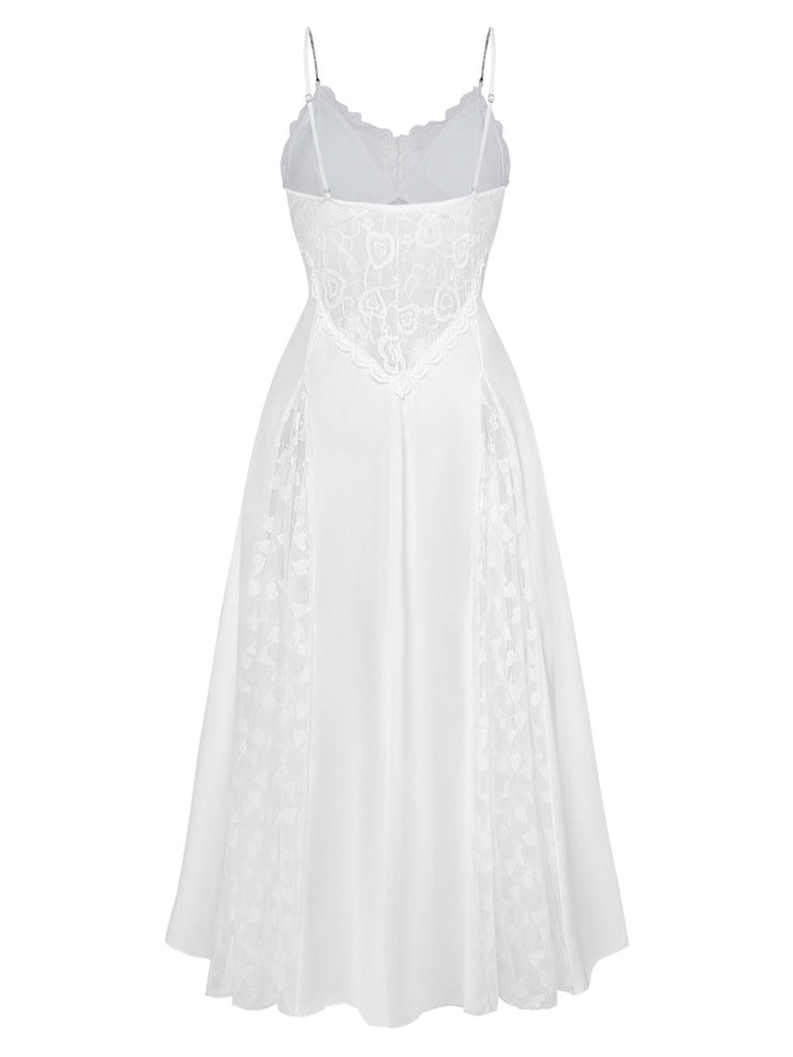 White Satin Lace Rhinestone Split Maxi Nightgown, vintage fashion, retro style - perfect for women who love vintage and retro fashion