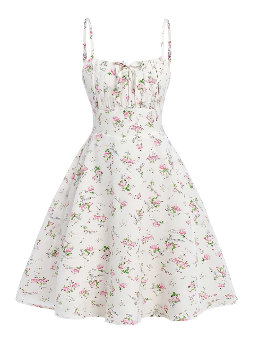 She slips into this White 1950s Spaghetti Strap Floral A-Line Dress and suddenly it&