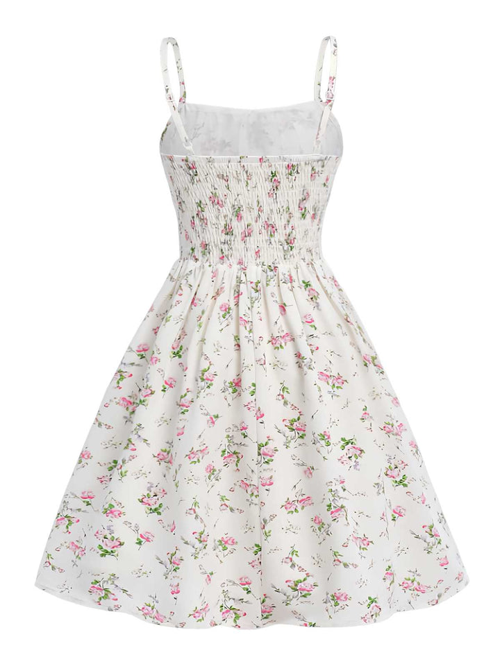 White 1950s Spaghetti Strap Floral A-Line Dress: where 1950s romance meets her modern spirit