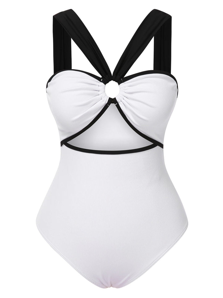 White 1950s Waist Cutout Colorblock One-Piece Swimsuit, vintage swimsuit, pin-up swimwear - perfect for women who love vintage and retro fashion
