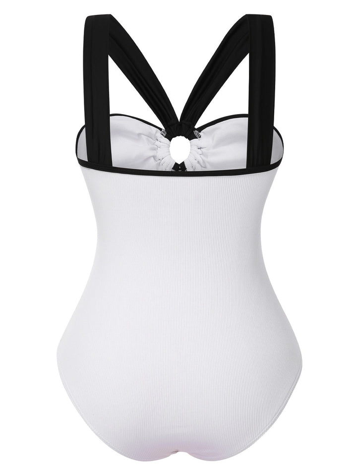 White 1950s Waist Cutout Colorblock One-Piece Swimsuit, vintage swimsuit, pin-up swimwear - perfect for women who love vintage and retro fashion