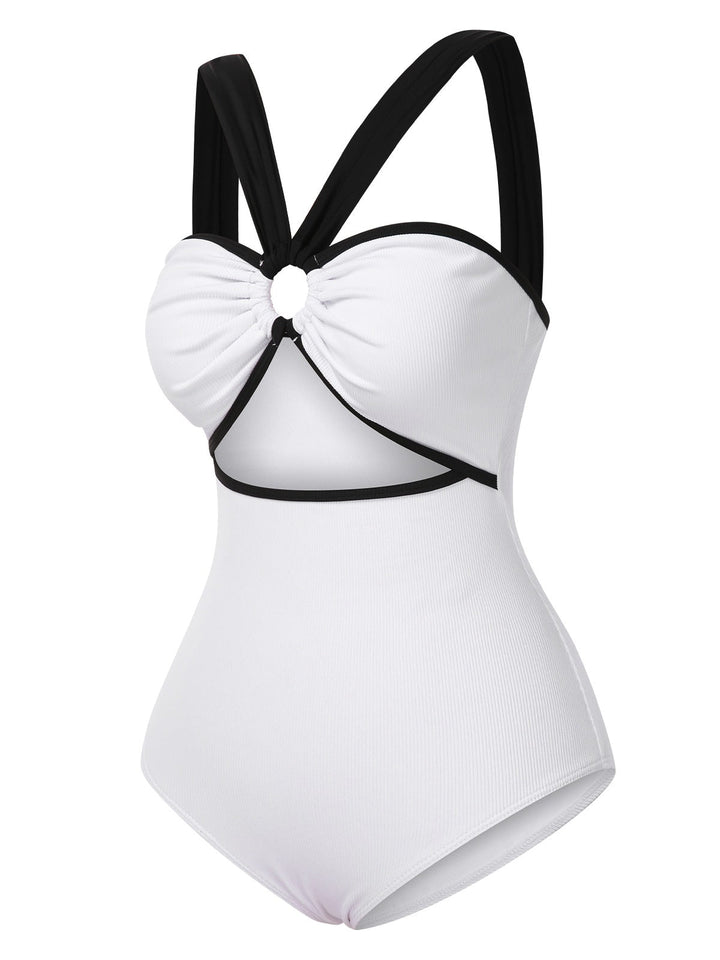White 1950s Waist Cutout Colorblock One-Piece Swimsuit, vintage swimsuit, pin-up swimwear - perfect for women who love vintage and retro fashion