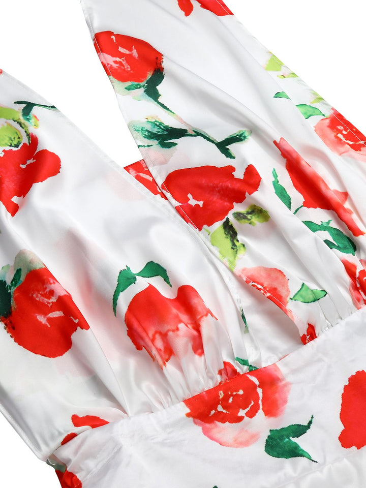 White 1950s Watercolor Rose Halter Dress, vintage dress, retro fashion, rockabilly, pin-up fashion - perfect for women who love vintage and retro fashion